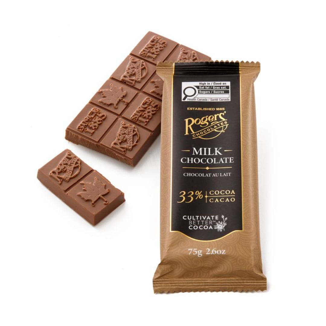 Milk chocolate bar with a gold-and-black wrapper and two broken pieces