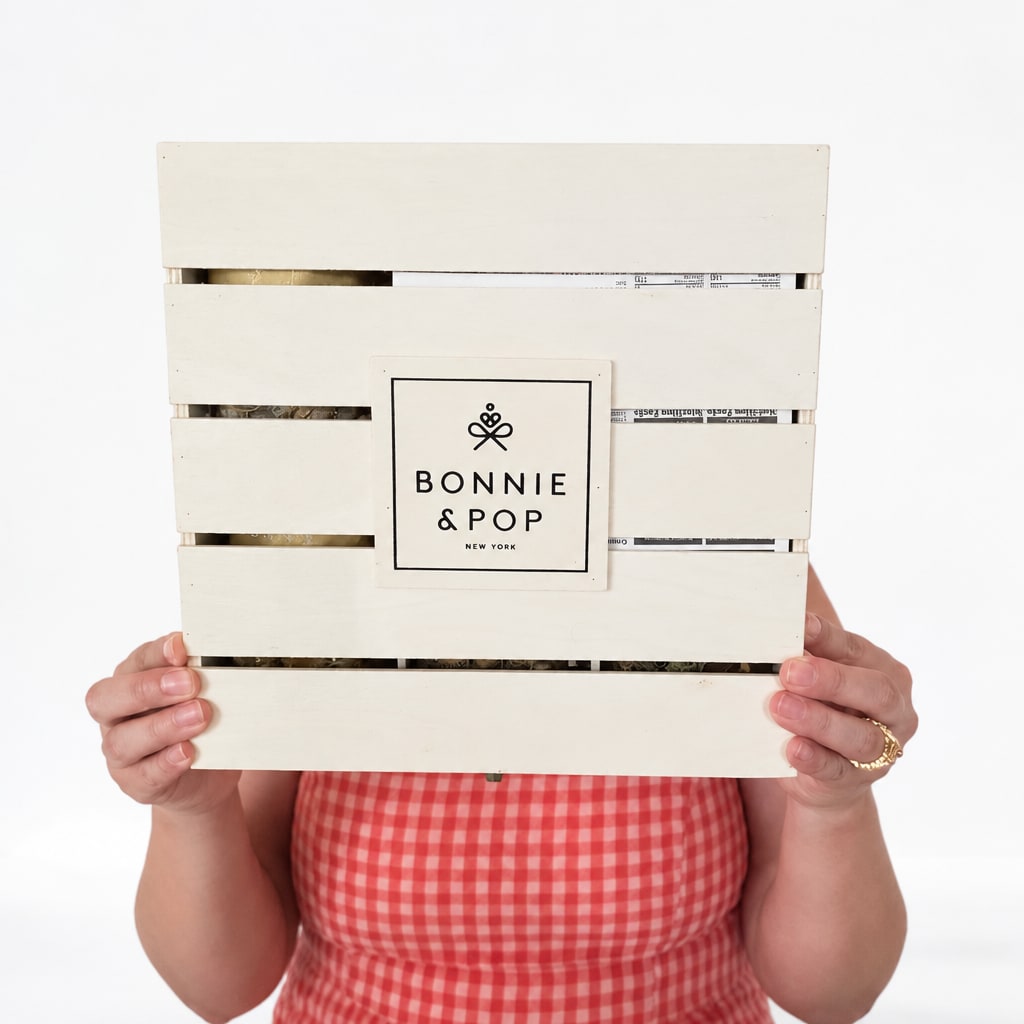Person holding a wooden crate with a Bonnie &amp; Pop label