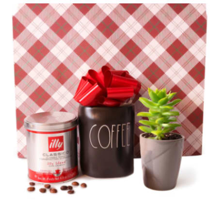 Morning Grew Gift Set - Coffee &amp; Succulent Gift Box - Start their morning with a cheerful gourmet gift set crafted to delight coffee lovers - a thoughtful breakfast or thank-you gift that feels both festive and practical. This flower-shop-style gift set reads as a cozy morning bundle rather than a traditional bouquet, making it a perfect pick-me-up for birthdays, hostess thanks, or a "thinking of you" surprise for the person who loves a warm cup and simple greenery.  The set pairs a metallic coffee tin and a black canister labeled "COFFEE" with a black mug-style container and a potted succulent, all tied together with a large red ribbon bow and presented in a matching gift box against a red-and-white plaid motif. Colors are bold - red, black, green, and white - so the package pops on delivery and looks polished on a kitchen counter. Included hard goods: coffee tin/canister, coffee beans, ceramic mug-style container, potted succulent in a small planter, and a decorative gift tin and box.  Ideal for a morning celebration, hostess gift, or casual anniversary, this bundle sends a message of warmth and everyday luxury - she'll feel thought of and ready for the day. No special care is required beyond enjoying the coffee; the succulent prefers bright, indirect light and occasional watering. Order with standard delivery to arrive gift-ready, ribboned and boxed for immediate presentation.