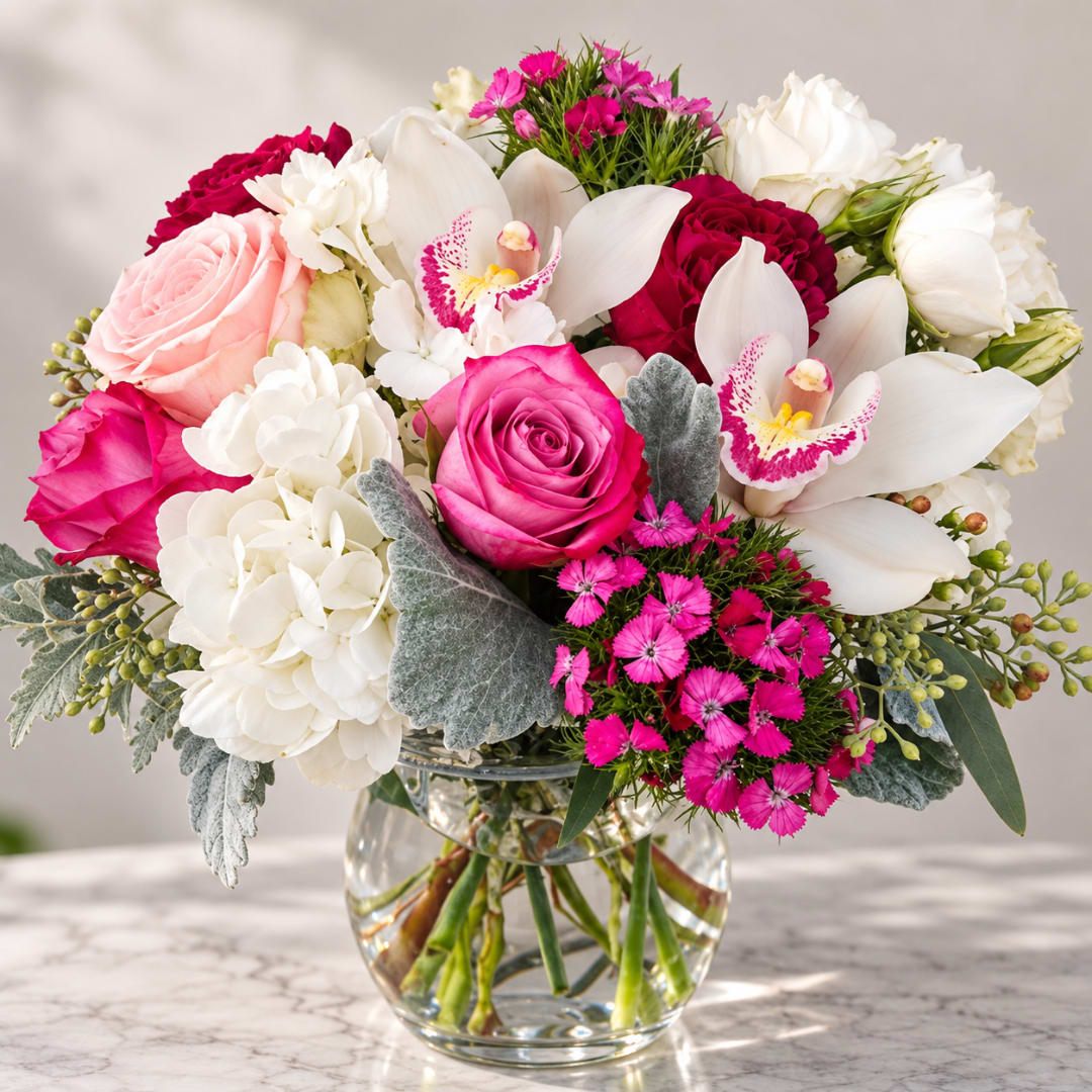 Pink and white mixed bouquet in a clear glass vase
