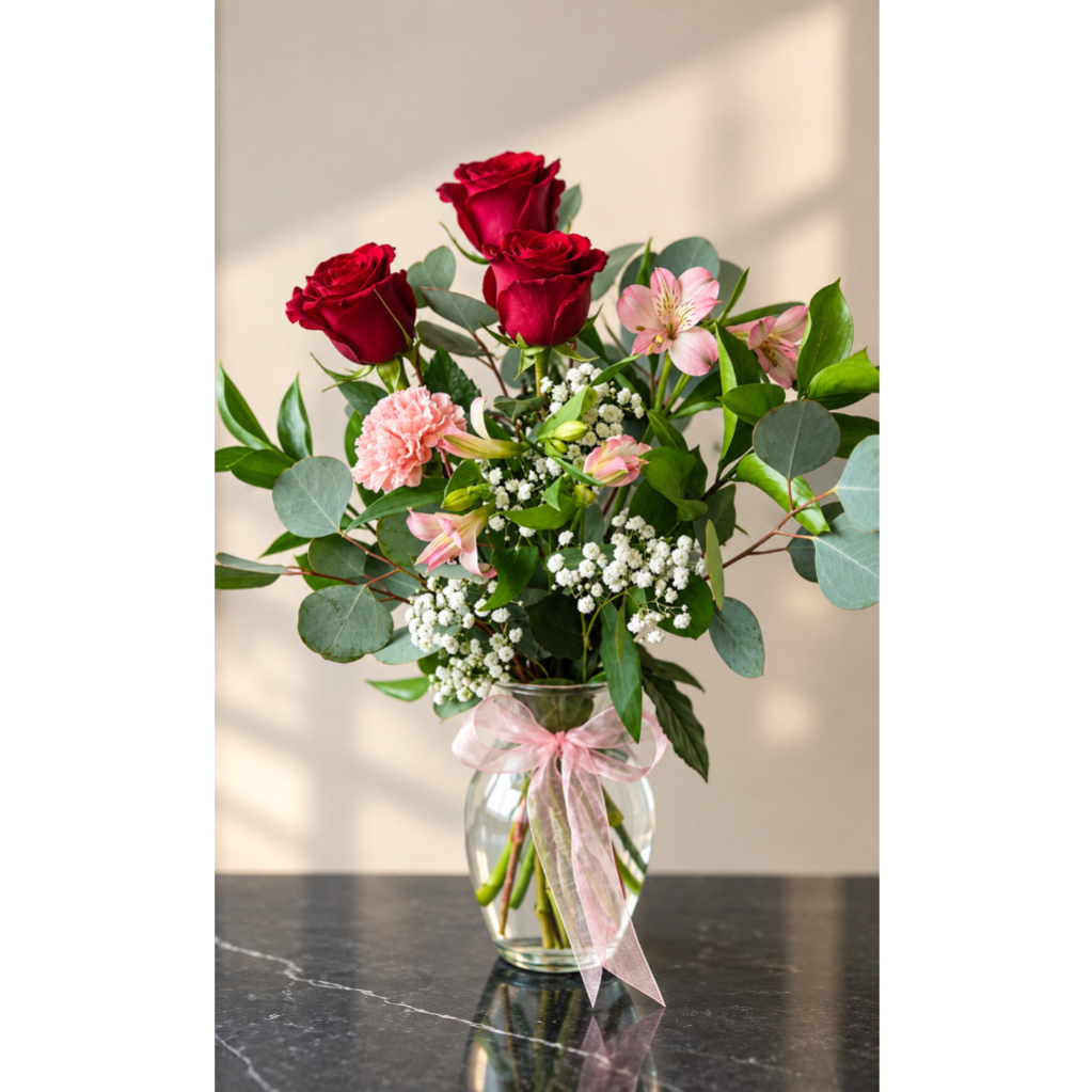 Red roses and pink flowers in a glass vase with a pink ribbon