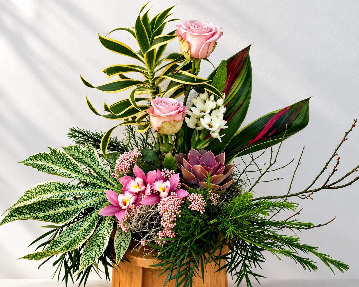 Tropical floral arrangement with pink roses, orchids, and succulents in a wooden container