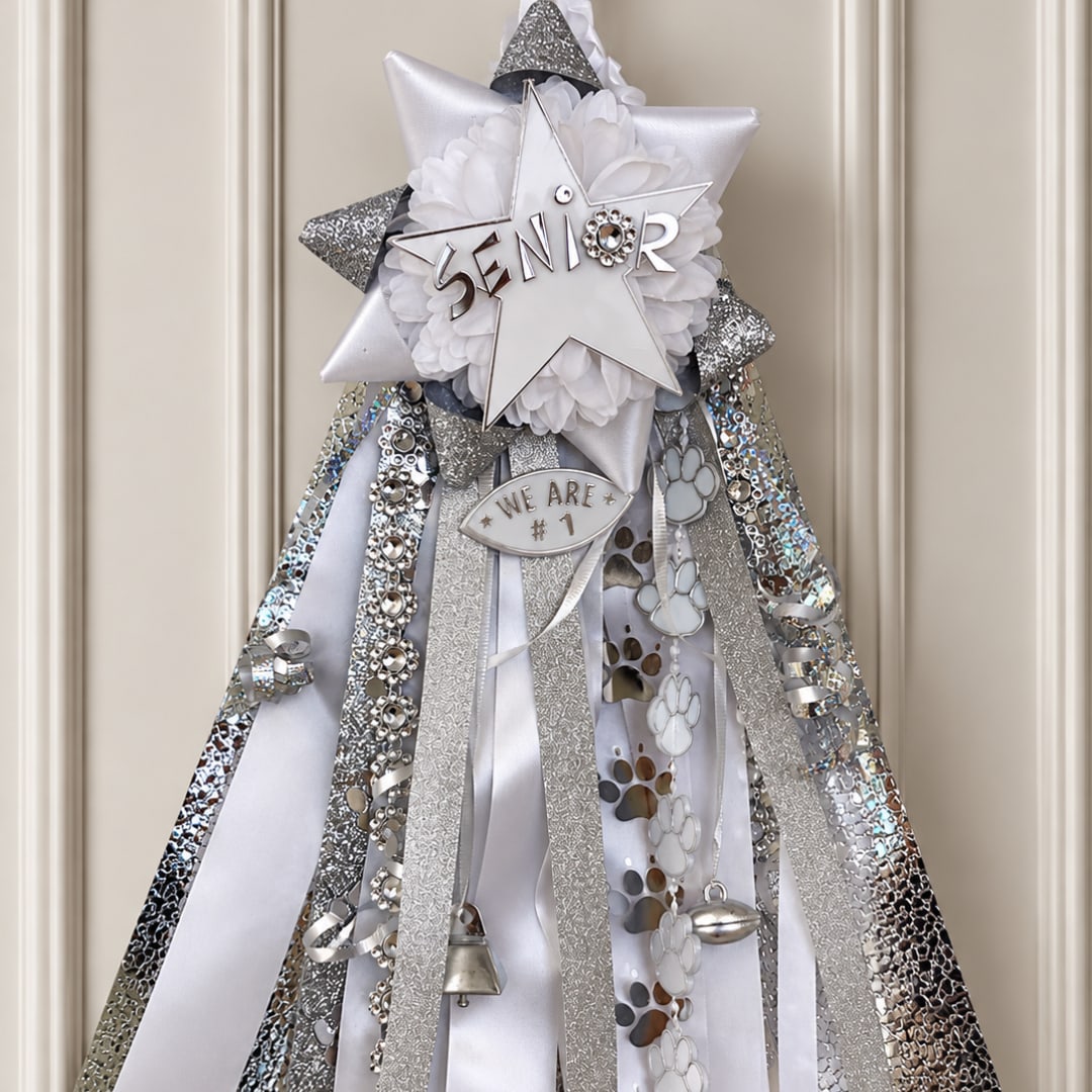 Silver senior ribbon sash with white rosette and star topper