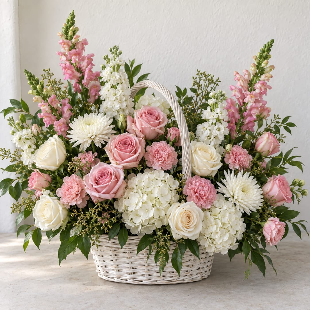 Basket arrangement of pink and white roses, carnations, and white blooms