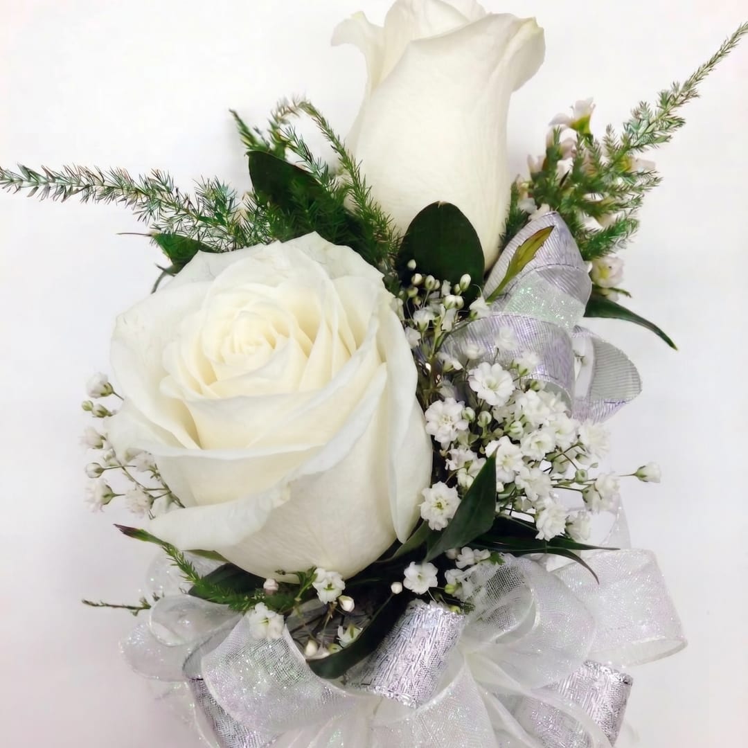 White rose bouquet with baby's breath and sheer ribbon