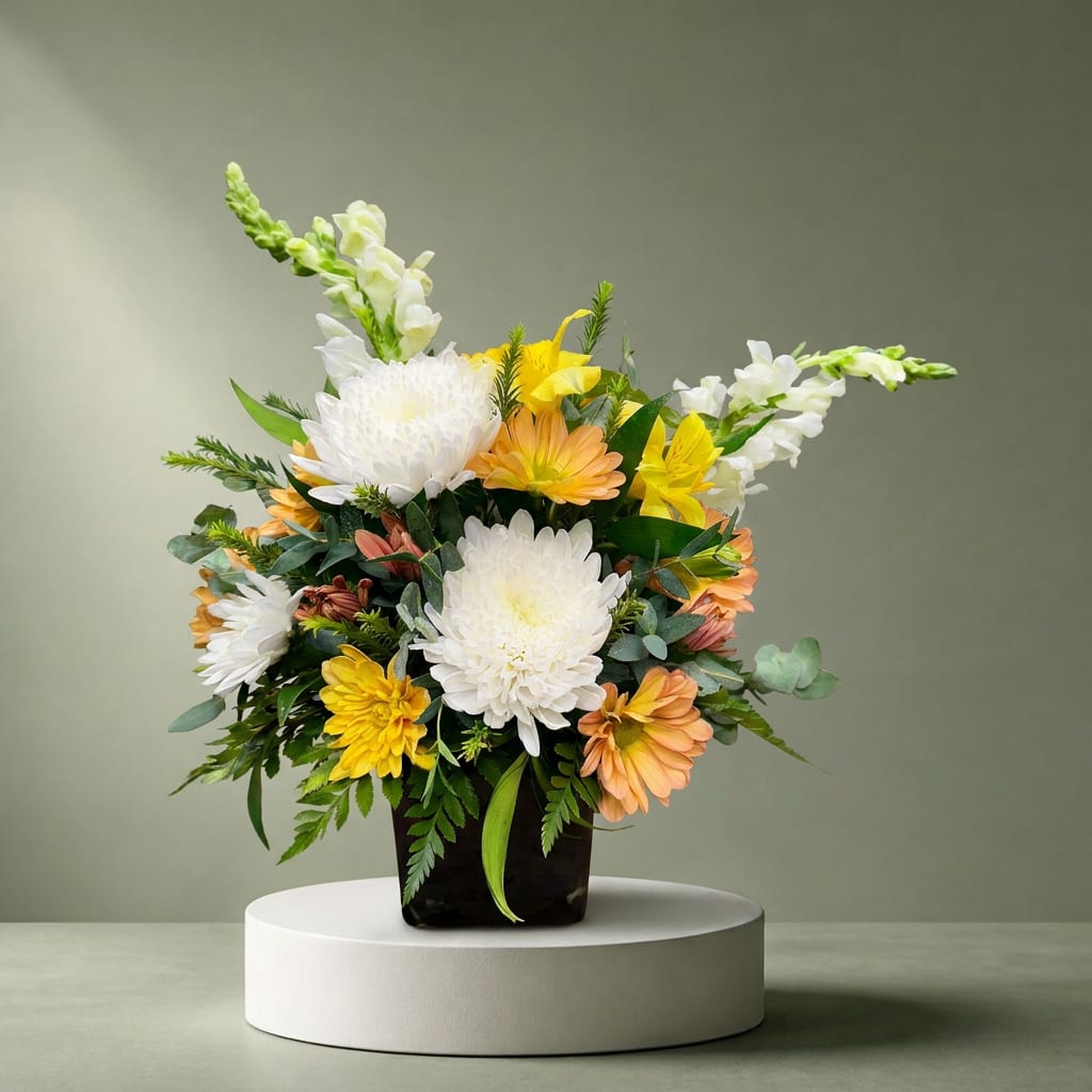 Mixed bouquet of white, yellow, and peach flowers in a dark vase