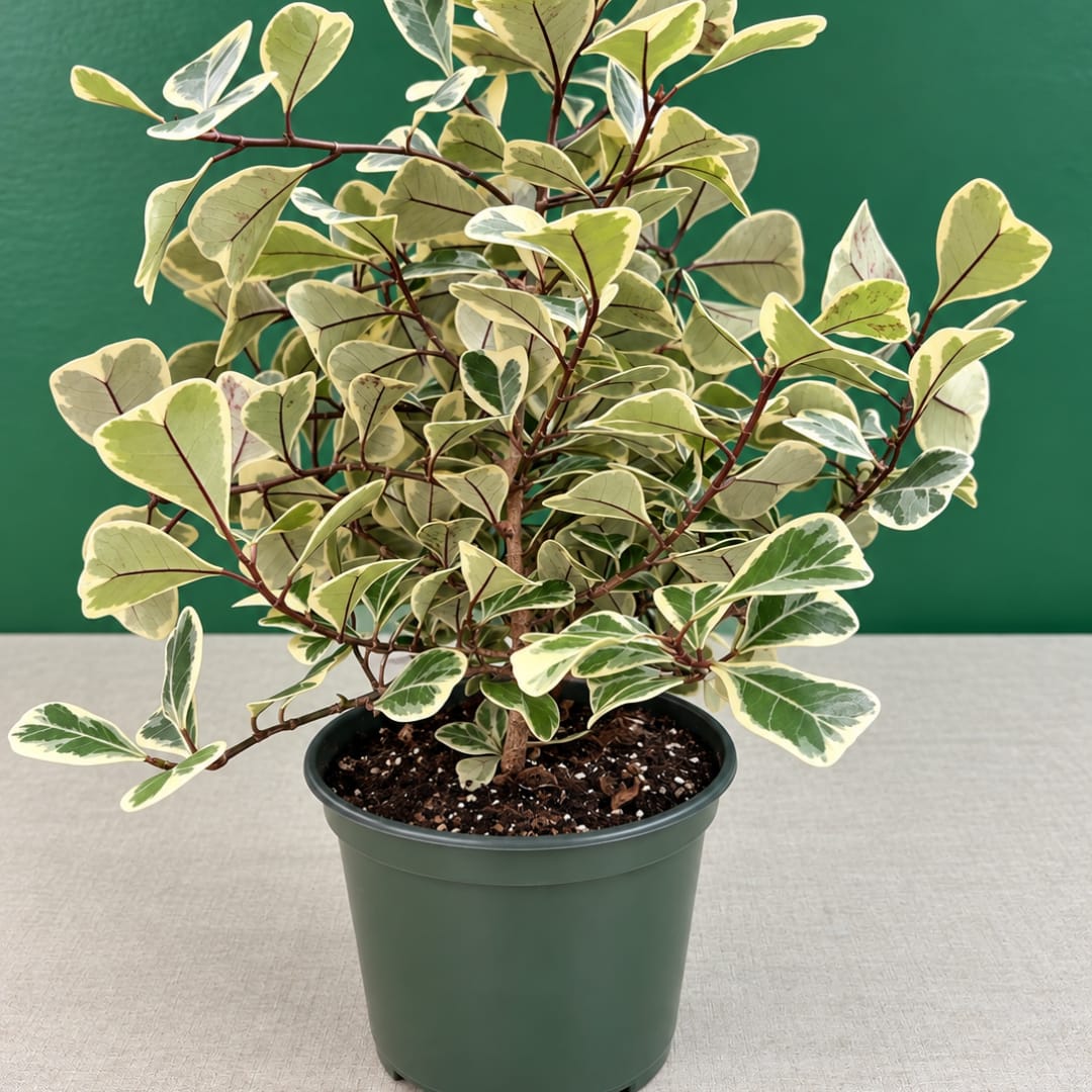 Variegated potted plant in a green nursery pot