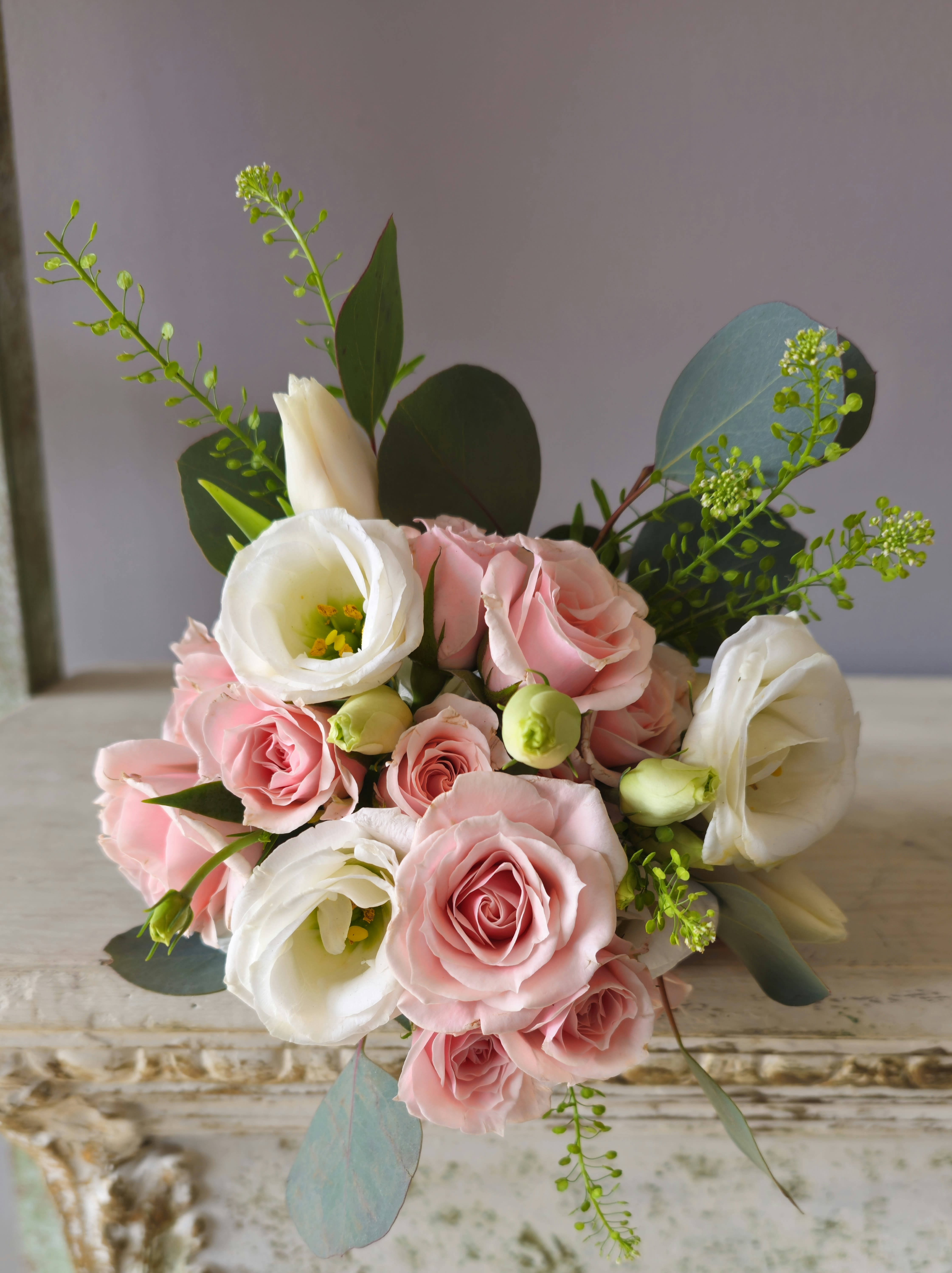  Pink and white Nosegay - Call the shop to order your tussie mussie. We can create a handtied bouquet that will accent the color of your gown,