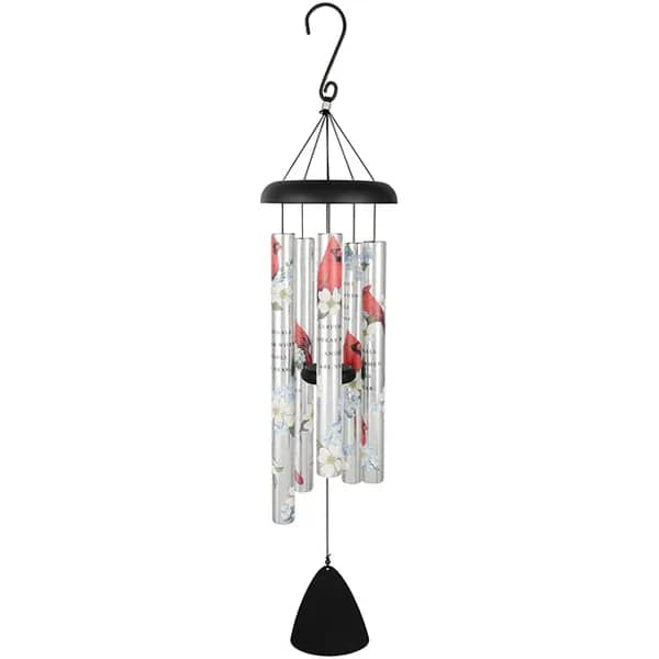 "CARDINALS APPEAR" 38" PICTURESQUE SONNET  - Our Picturesque Sonnet Chimes feature powder coated aluminum construction and UV printed tubes with industrial cord. 5 heavy walled tubes that emit gentle tones that are pleasing to the ear. 1 1/4" Diameter Tubes – Adjustable Striker Chime Tubes Read: "Cardinals appear when angels are near."
