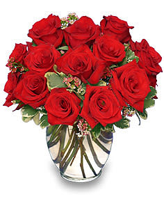 Dozen red roses with small pink filler flowers arranged in a clear glass vase