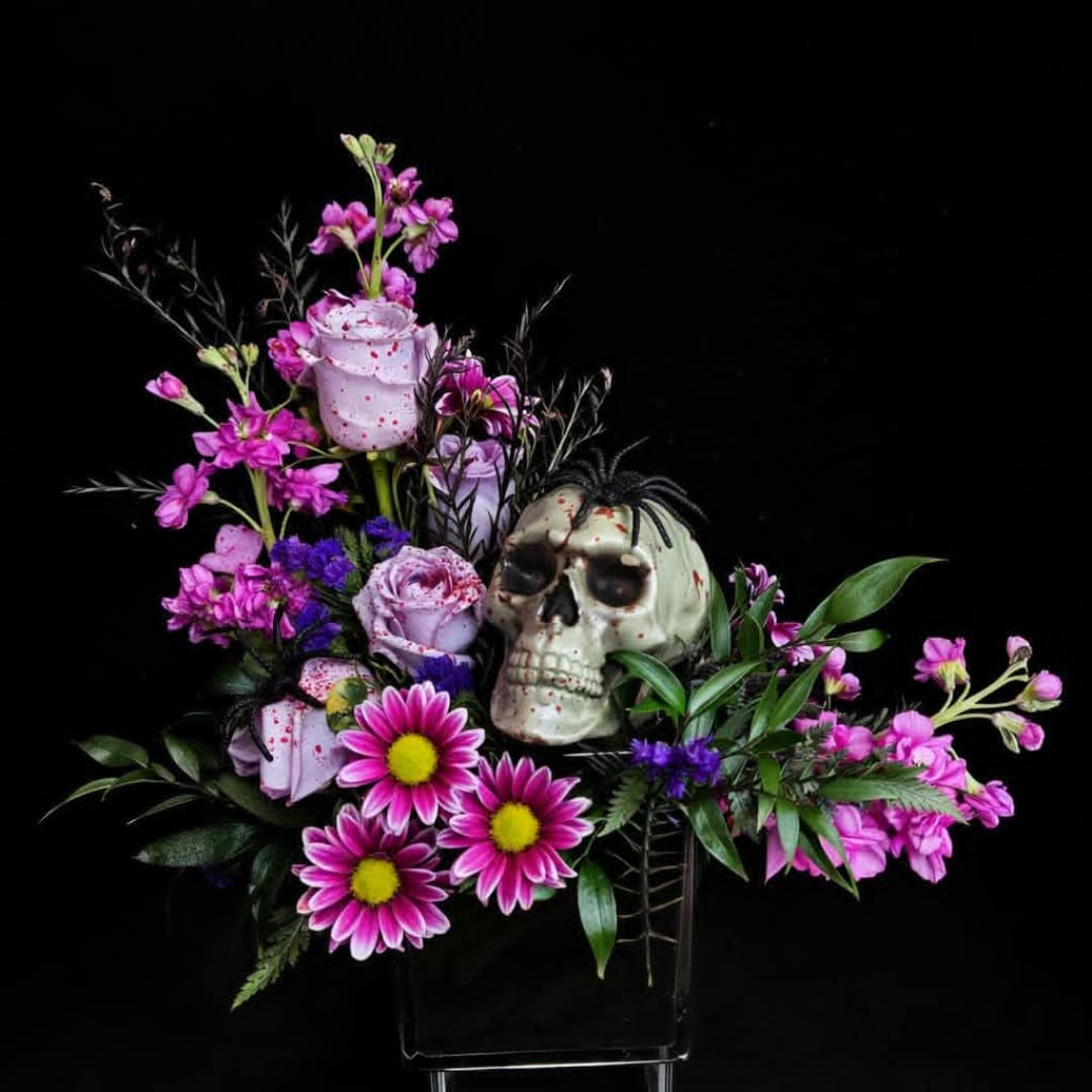 Skull centerpiece with pink and purple flowers in a black vase