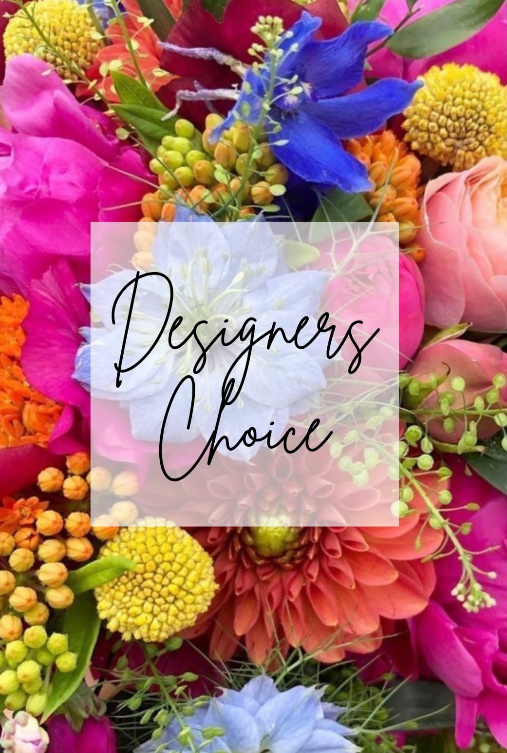 Bright mixed bouquet with pink, blue, orange, and yellow flowers