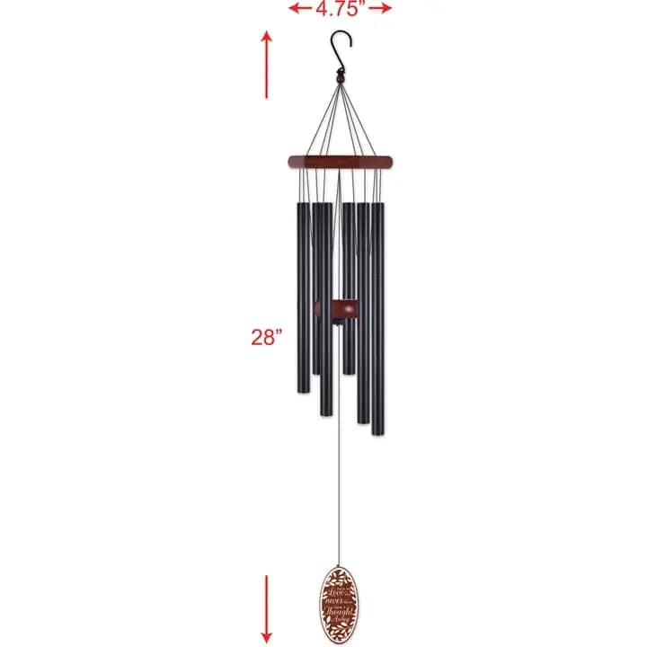 A Thought Away - Memorial Garden Wind Chime - The Thought Away-Chime feature Six graceful tube chimes ring in harmony. The wind-catcher states, “Those we Love are never more than a thought away”. Black chime tubes with dark stained wood. 