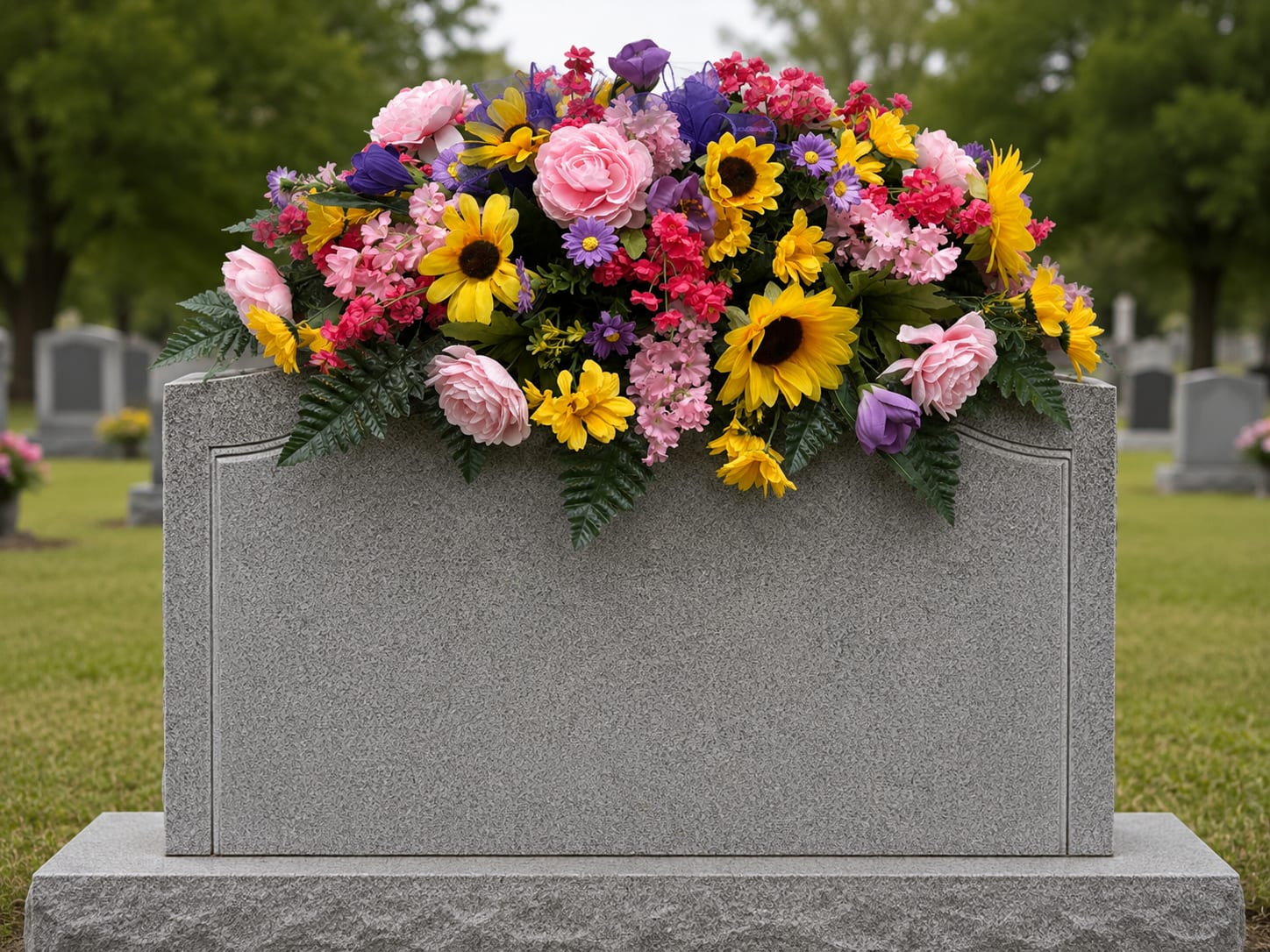 Colorful floral arrangement draped over a gray gravestone