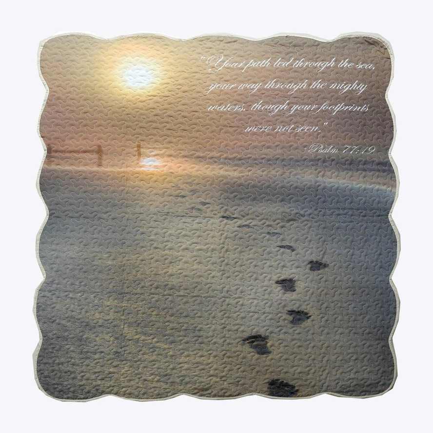 Scalloped puzzle mat with a sunset beach scene and Bible verse text