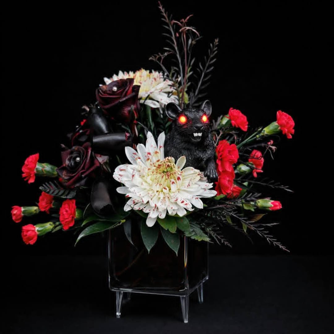 Dark floral arrangement with a glowing rat figurine in a glass vase
