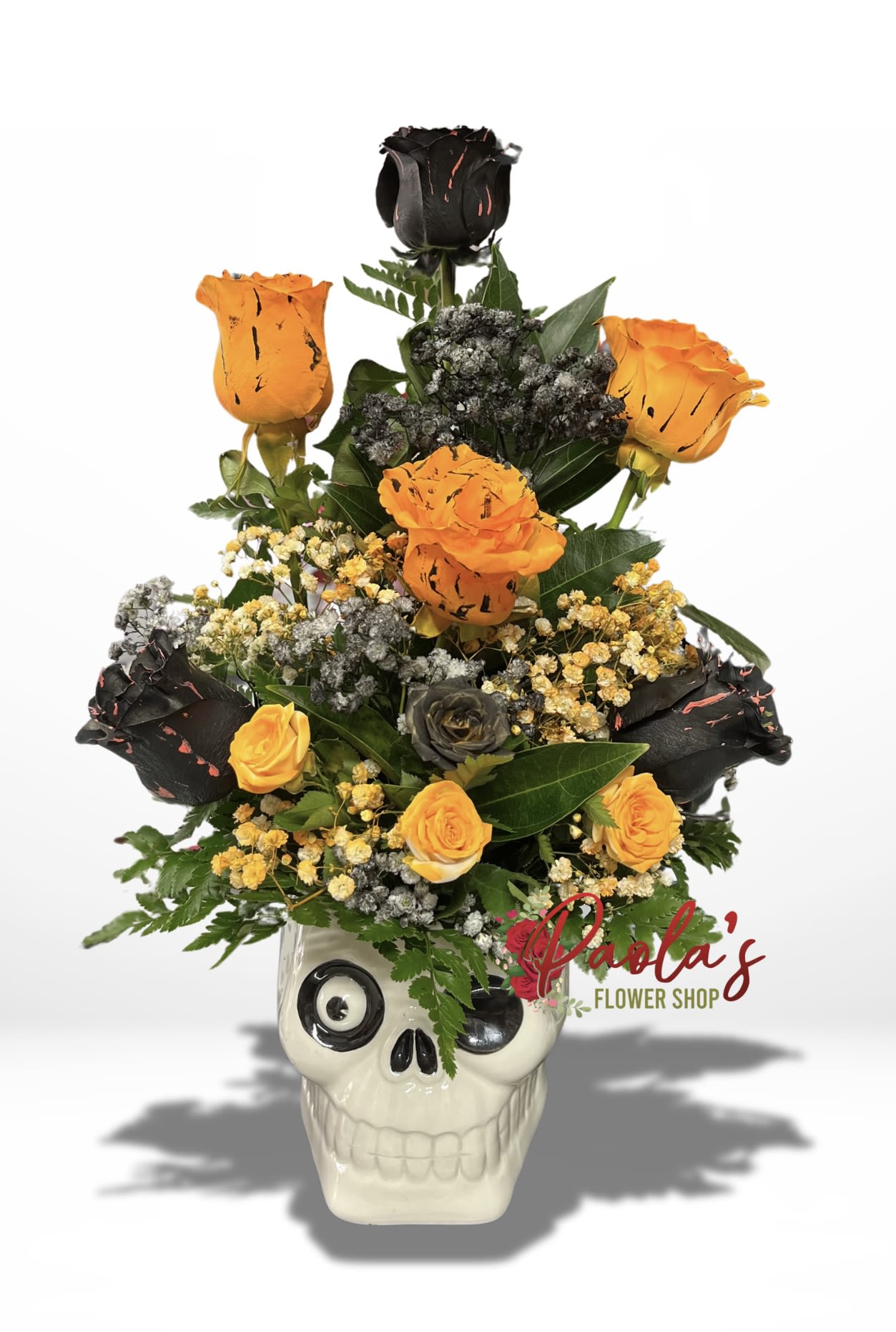 Blooming Skull - Black and orange roses on skeleton ceramic base