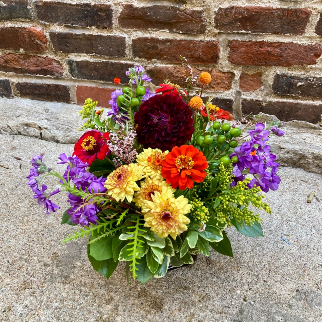 Colorful mixed bouquet with zinnias and purple flowers