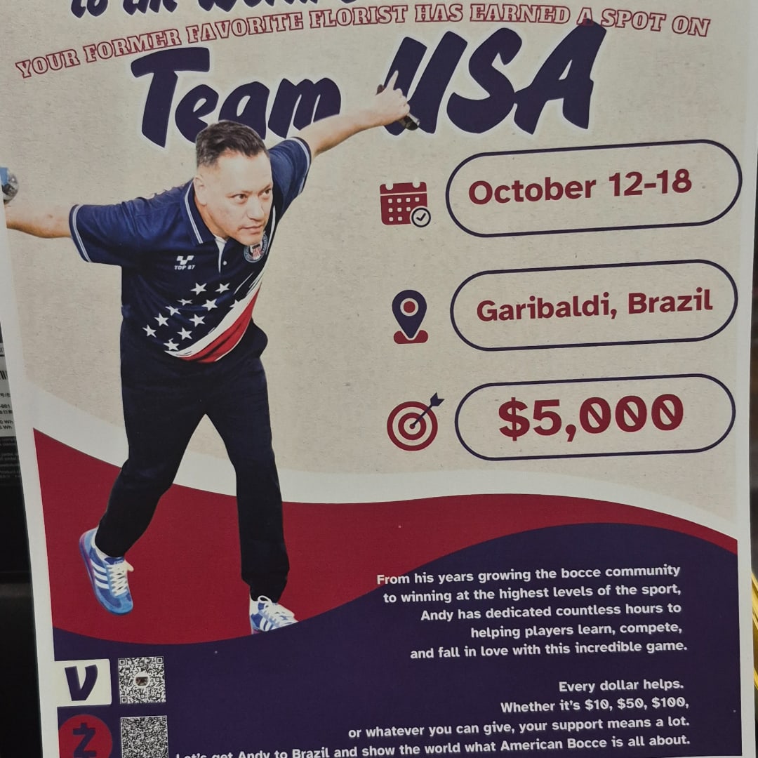 Poster of a bocce player with event details and donation amount.