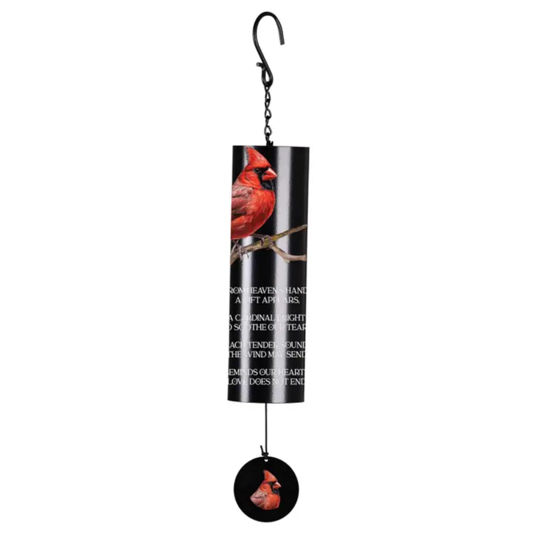 Hanging black memorial wind chime with a cardinal design