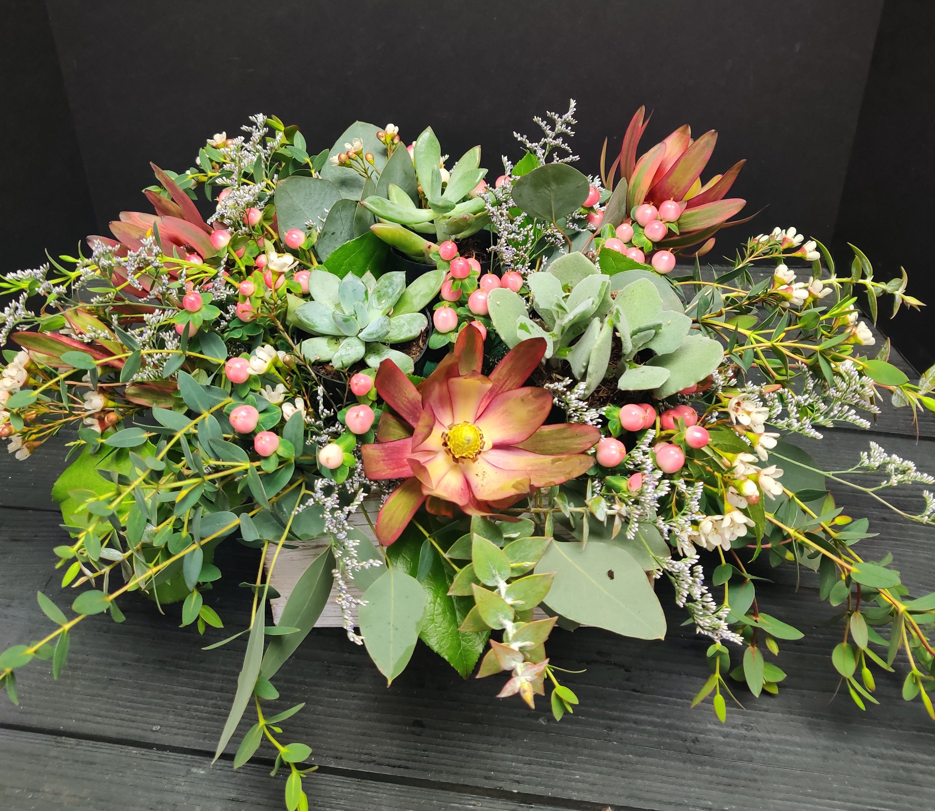 English Garden - Succulents and berries and greenery with wax flower accents 