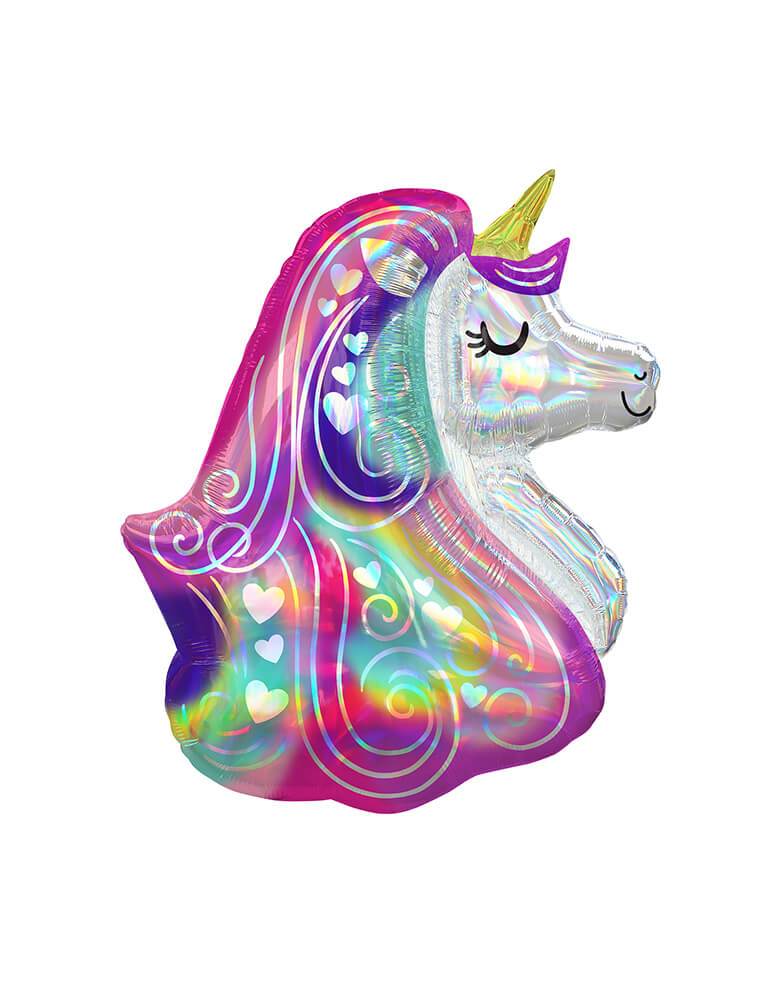 large  iridescent heart unicorn mylar rainbow - Add a magical touch to a birthday party with this beautiful iridescent unicorn foil balloon. This balloon includes a self-sealing valve, preventing the gas from escaping after it's inflated.   Size: 30 inches