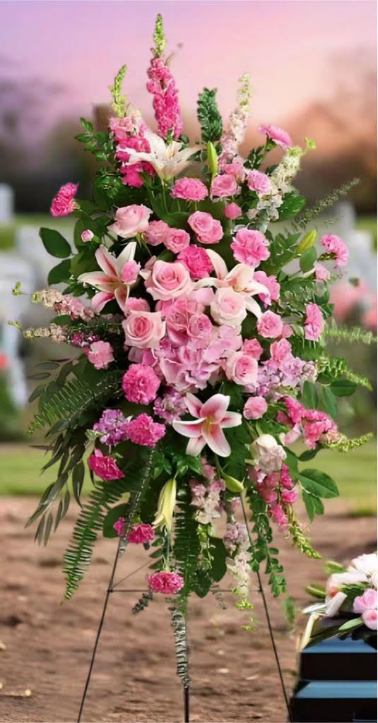 Tall pink floral standing spray with lilies and roses on a metal easel
