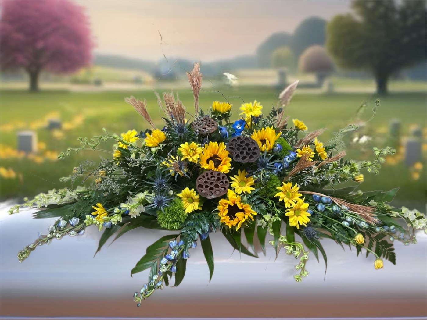 Yellow and blue floral casket spray with greenery and dried accents
