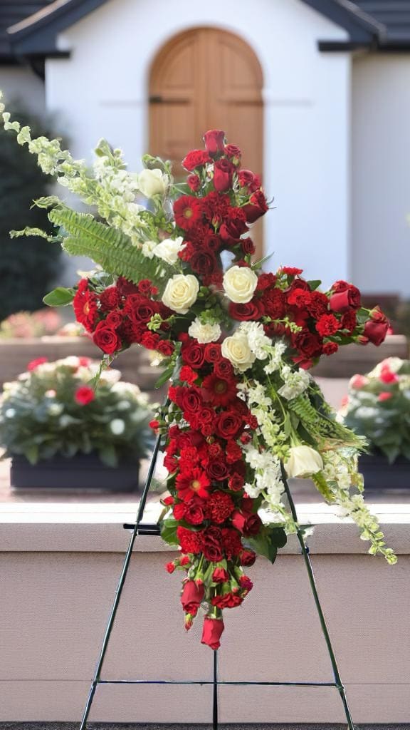 Cross-shaped floral tribute of red and white roses on an easel