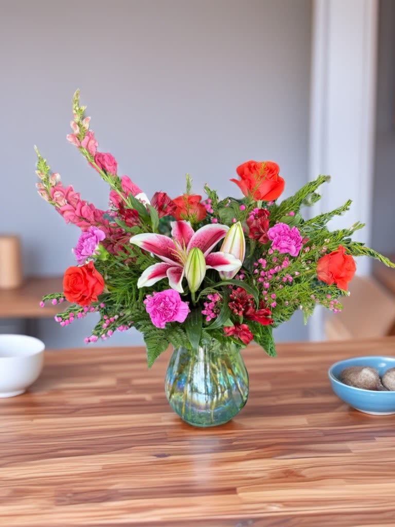 Mixed bouquet with pink lilies and red roses in a glass vase