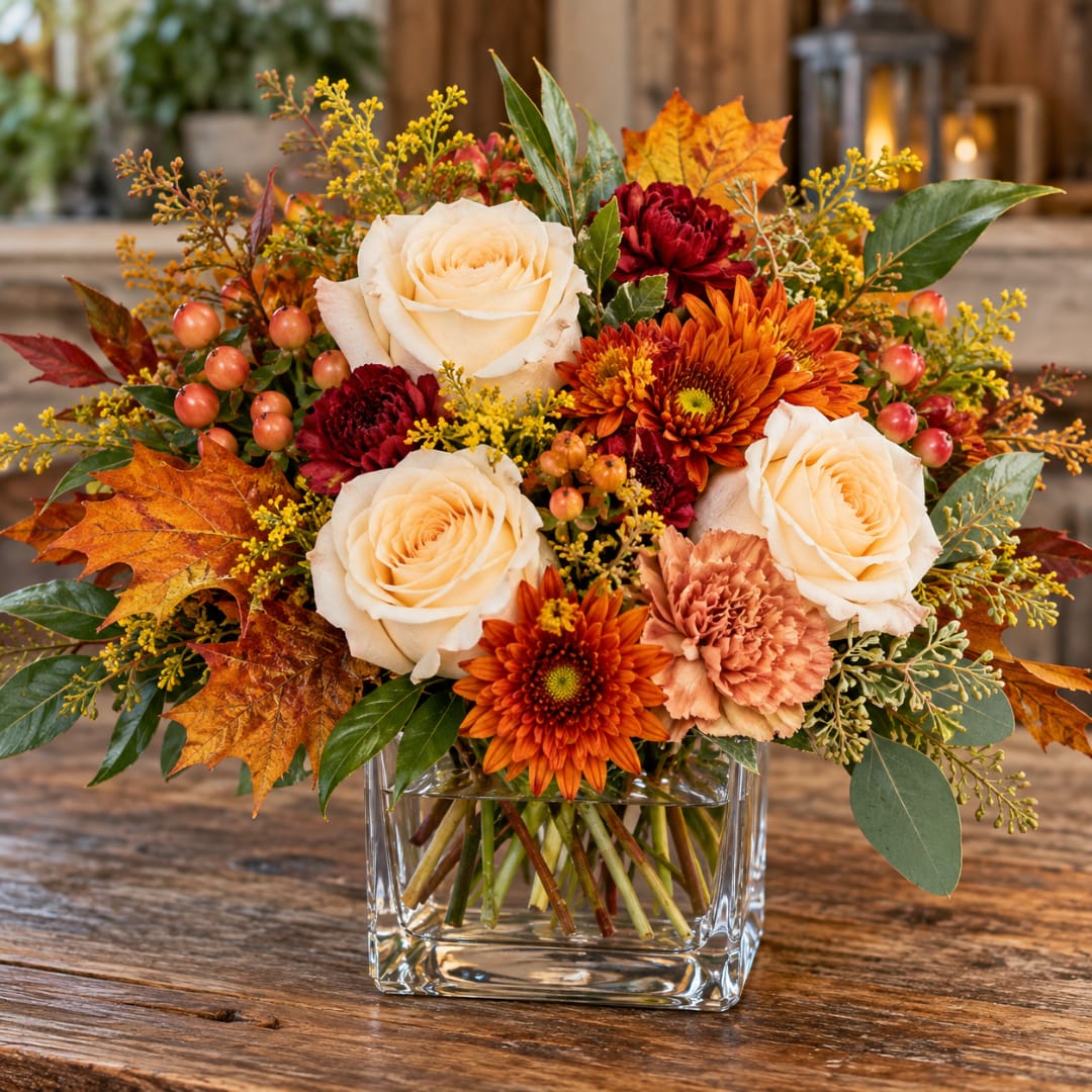 Autumn bouquet of cream roses, orange mums, and carnations in a glass vase