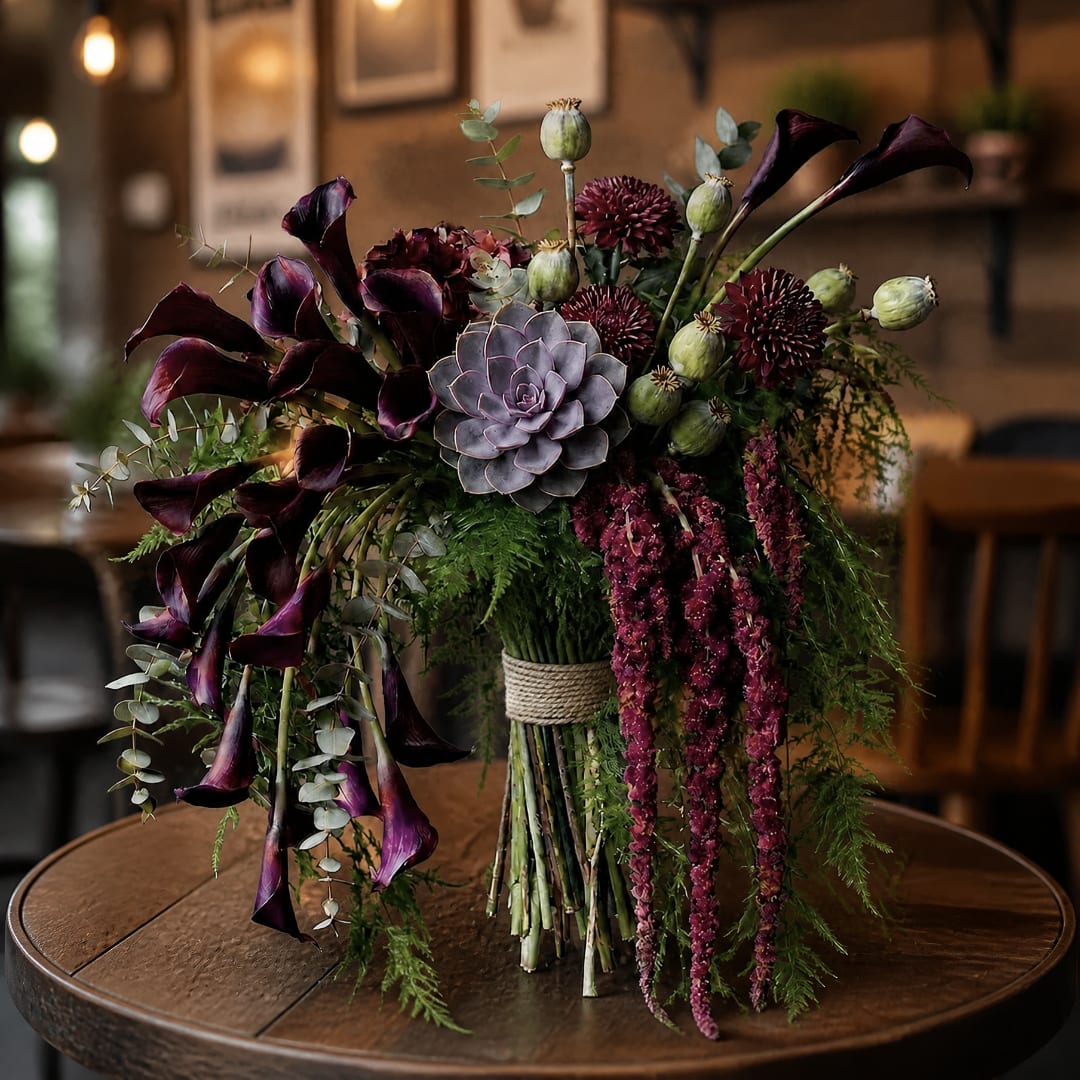 Dark purple floral arrangement with calla lilies and a succulent centerpiece