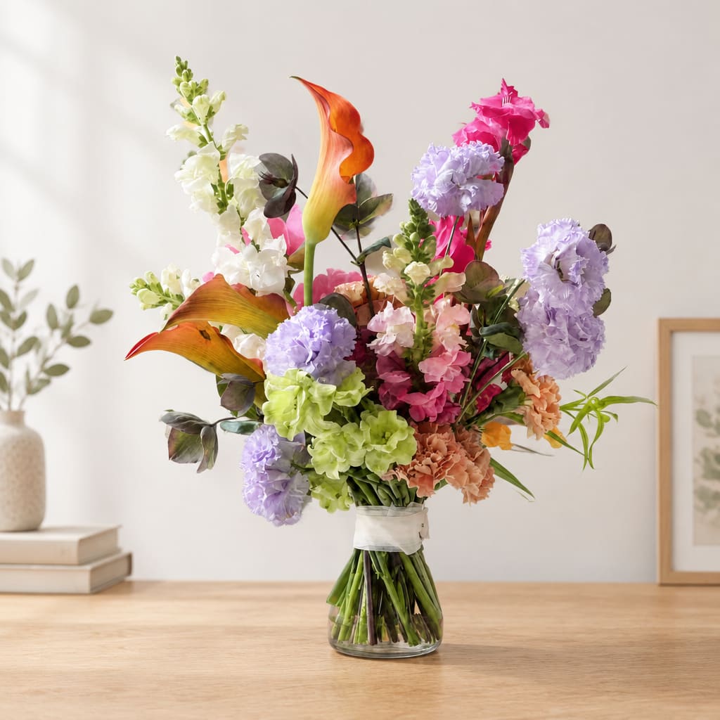 Colorful bouquet with calla lilies, hydrangeas, and snapdragons in a glass vase