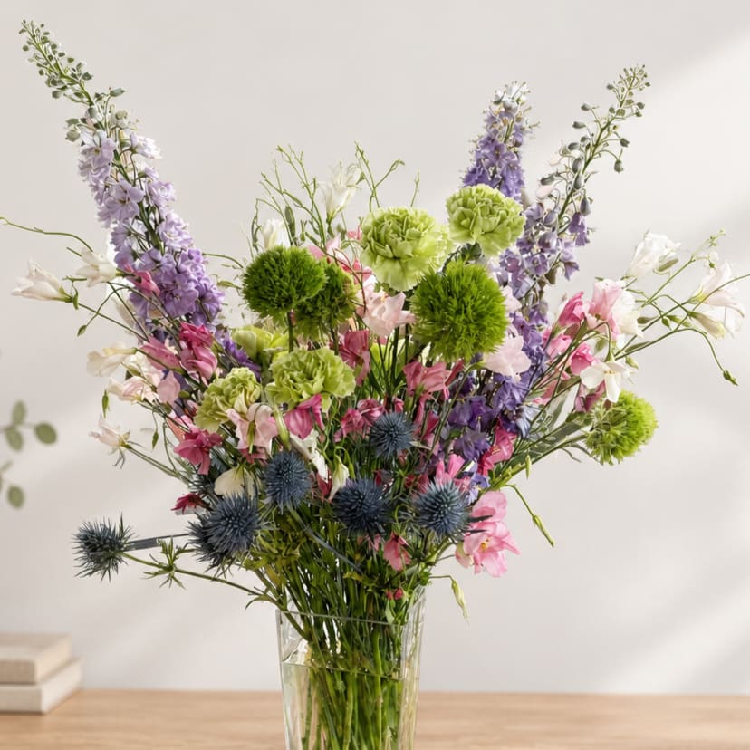 Mixed bouquet in a clear glass vase with purple, pink, white, and green flowers