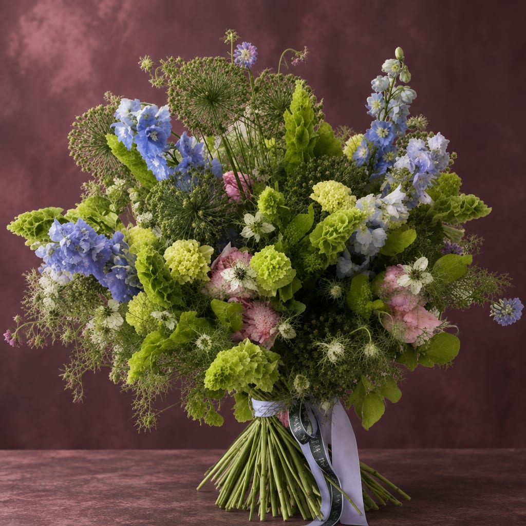 Large bouquet of blue, pink, and green flowers tied with ribbon