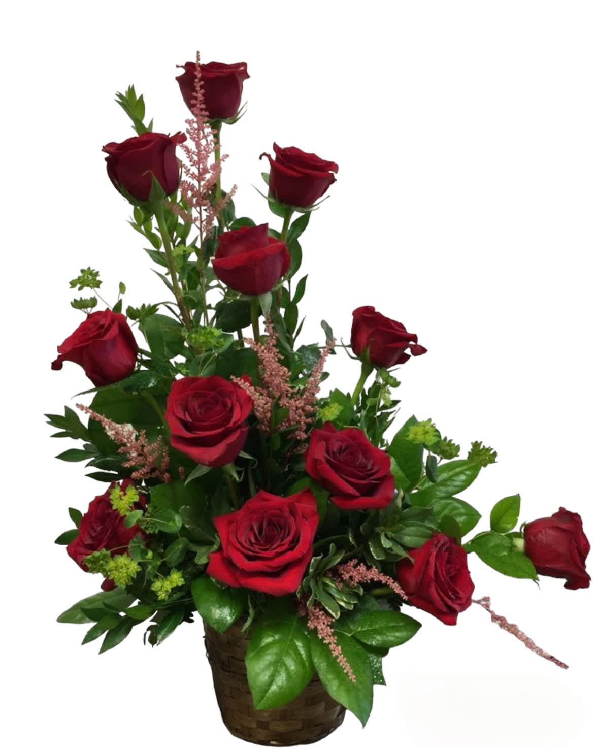 Basket arrangement of red roses with pink filler flowers