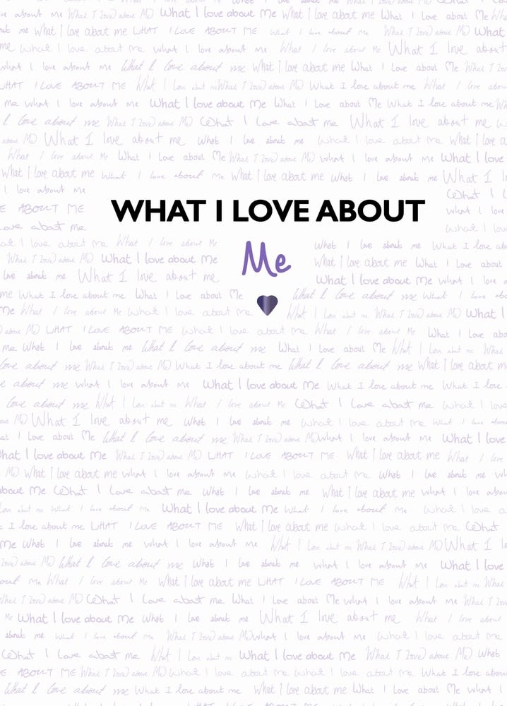White card with "What I Love About Me" text and a purple heart