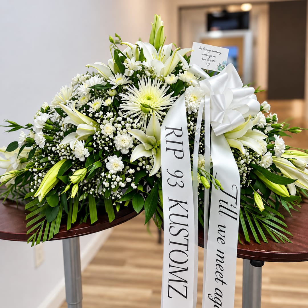 White lilies and chrysanthemums in a funeral spray with ribbons