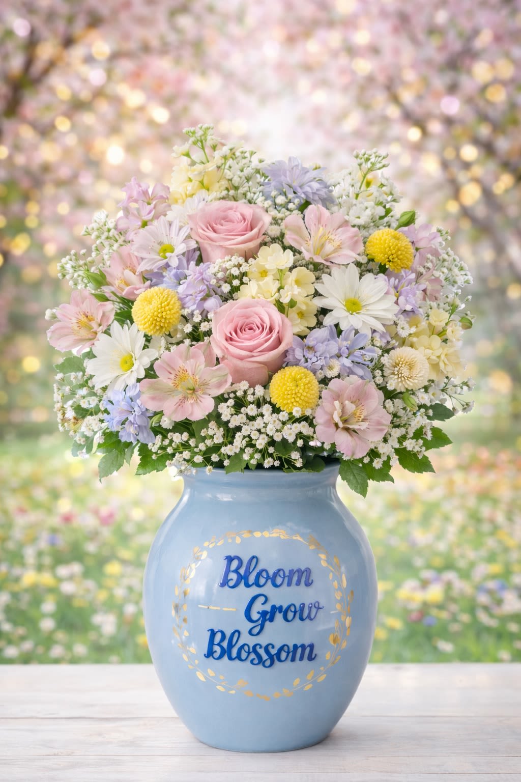 Pastel Garden Whisper - A soft and dreamy arrangement designed with delicate pastel blooms in shades of blush pink, buttery yellow, lavender, and crisp white. Pastel Garden Whisper features premium roses, daisies, alstroemeria, seasonal filler flowers, and fresh greenery artfully arranged in a keepsake ceramic vase with the inspiring message “Bloom Grow Blossom.”  This cheerful garden-inspired design brings a fresh, elegant, and uplifting feel perfect for birthdays, baby showers, thank you gifts, spring celebrations, sympathy gestures, or simply brightening someone’s day. Each arrangement is handcrafted with care, and flower varieties or shades may vary slightly based on seasonal availability while maintaining the same beautiful pastel aesthetic.