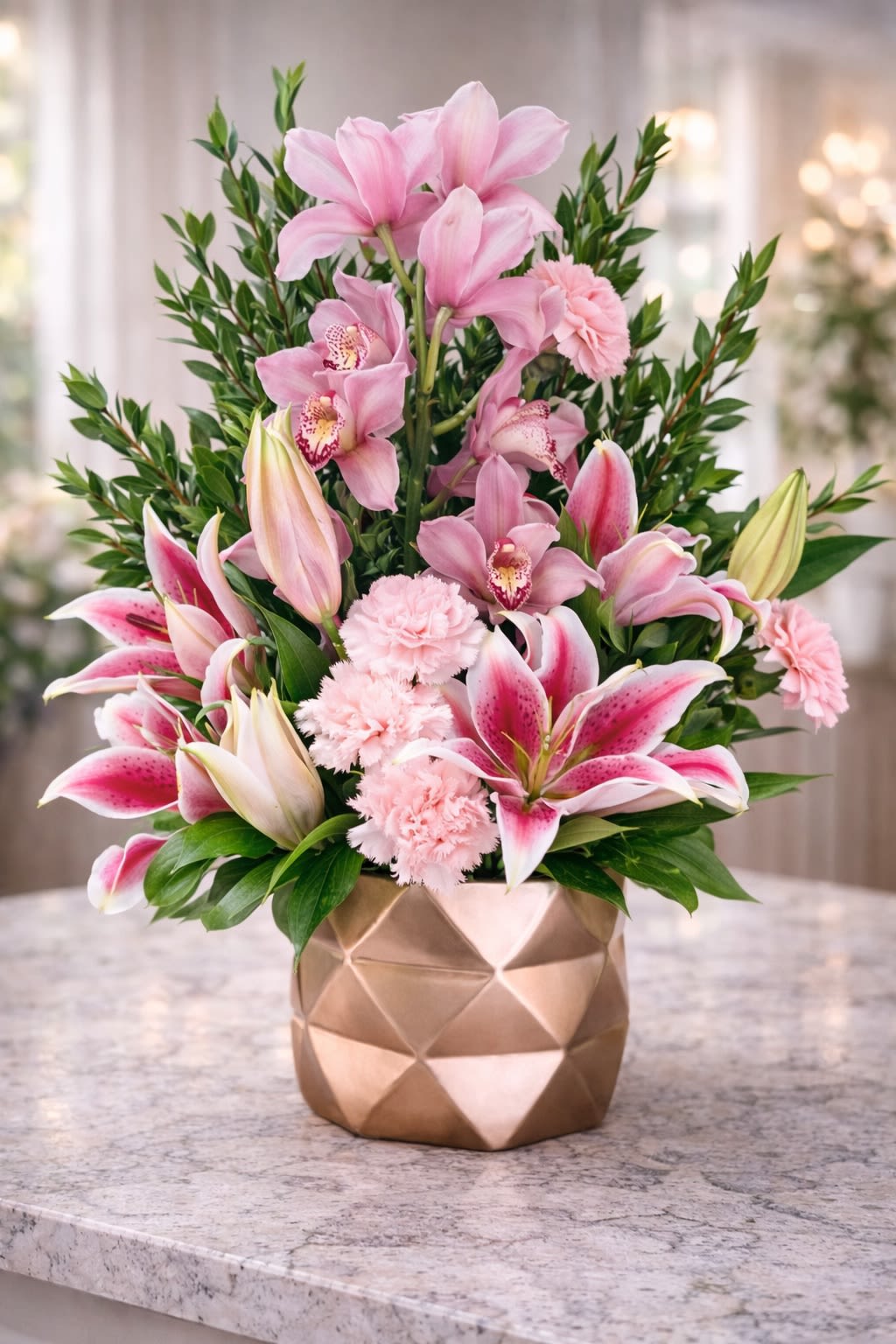 Pink Orchid Elegance - A graceful and sophisticated arrangement featuring premium pink lilies, elegant cymbidium orchids, soft pink accent blooms, and lush greenery arranged in a modern geometric gold vase. Designed with height and fullness, this piece blends vibrant pink tones with fresh green foliage for a refined and feminine presentation. The lilies create dramatic focal points while the orchids add softness and luxury texture. Perfect for birthdays, anniversaries, Mother’s Day, baby showers, sympathy gestures, or sending a heartfelt expression of love. • Premium pink lilies • Cymbidium orchids • Soft pink accent blooms • Fresh greenery • Modern gold geometric vase included • Full, vertical luxury design Handcrafted for balance, height, and premium presentation. ⸻  Seasonal &amp; Freshness Guarantee We carefully select the freshest blooms available to ensure vibrant color and long-lasting beauty. Because flowers are seasonal and availability may vary, certain accent blooms or shades may occasionally be substituted. If substitutions are necessary, we will: • Maintain the same pink color palette • Preserve the same elegant, full vertical design • Keep the same overall size and premium value • Use flowers of equal or greater quality Your arrangement will always reflect the same refined and feminine aesthetic shown — never a different theme or reduced design. Each piece is thoughtfully designed to maintain fullness, structure, and elegance.