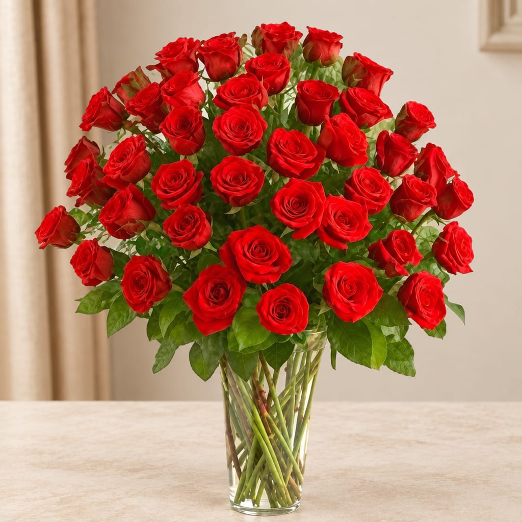 Bouquet of red roses in a clear glass vase