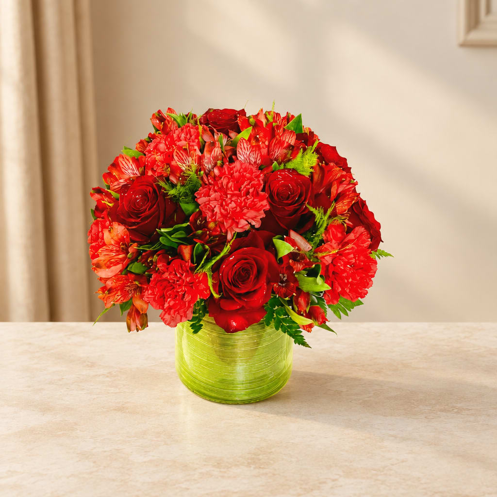 Red roses and mixed red flowers in a green glass vase