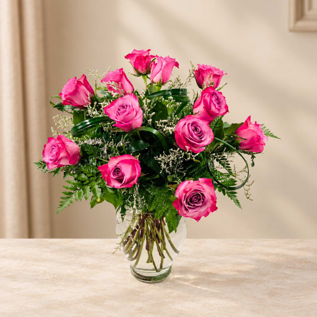 Pink roses arranged in a clear glass vase