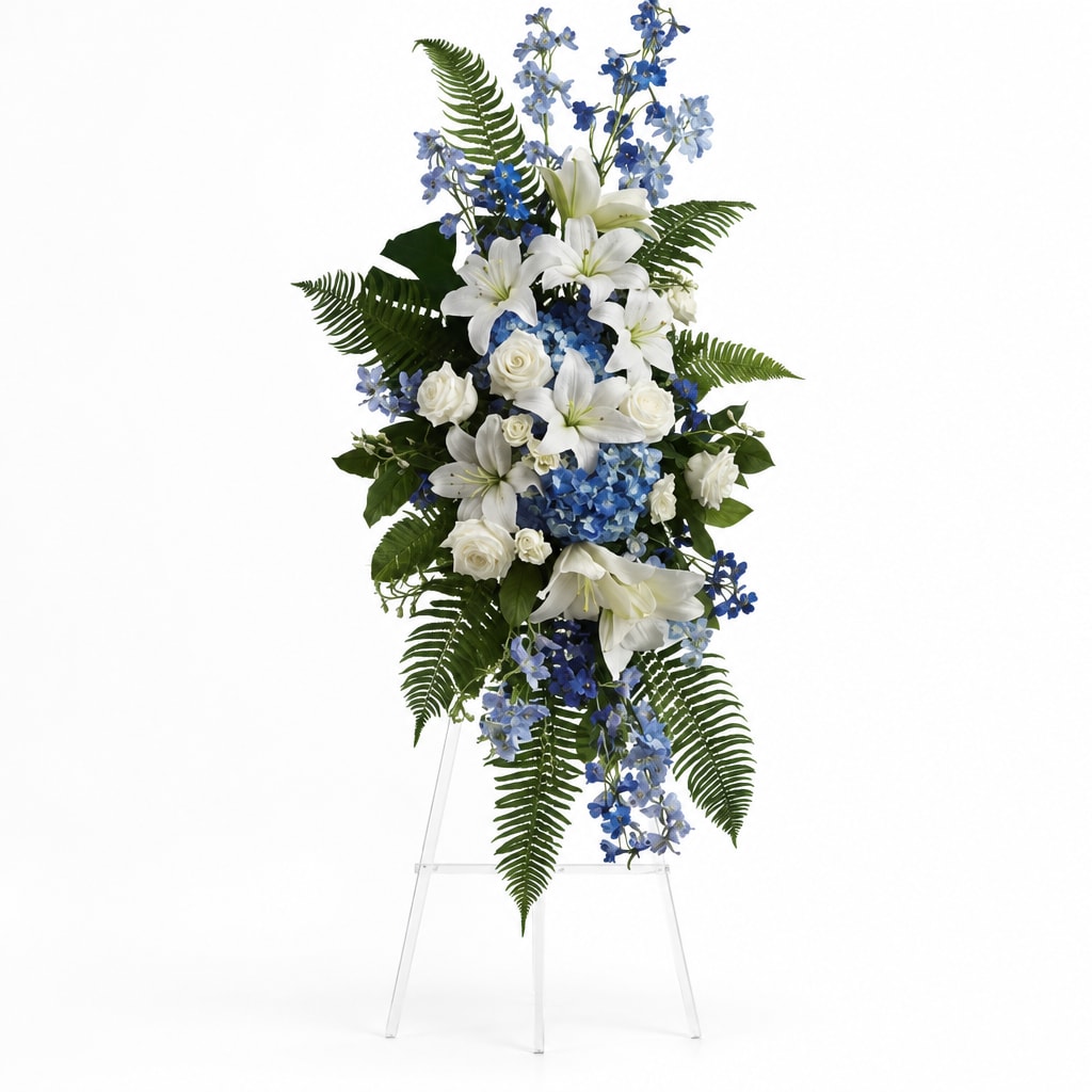 White lilies and blue flowers in a standing spray on an easel