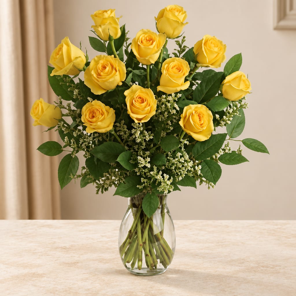 Yellow roses arranged in a clear glass vase
