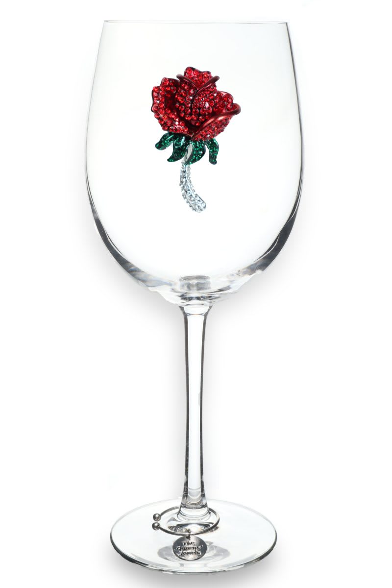 Wine glass with a jeweled red rose decoration