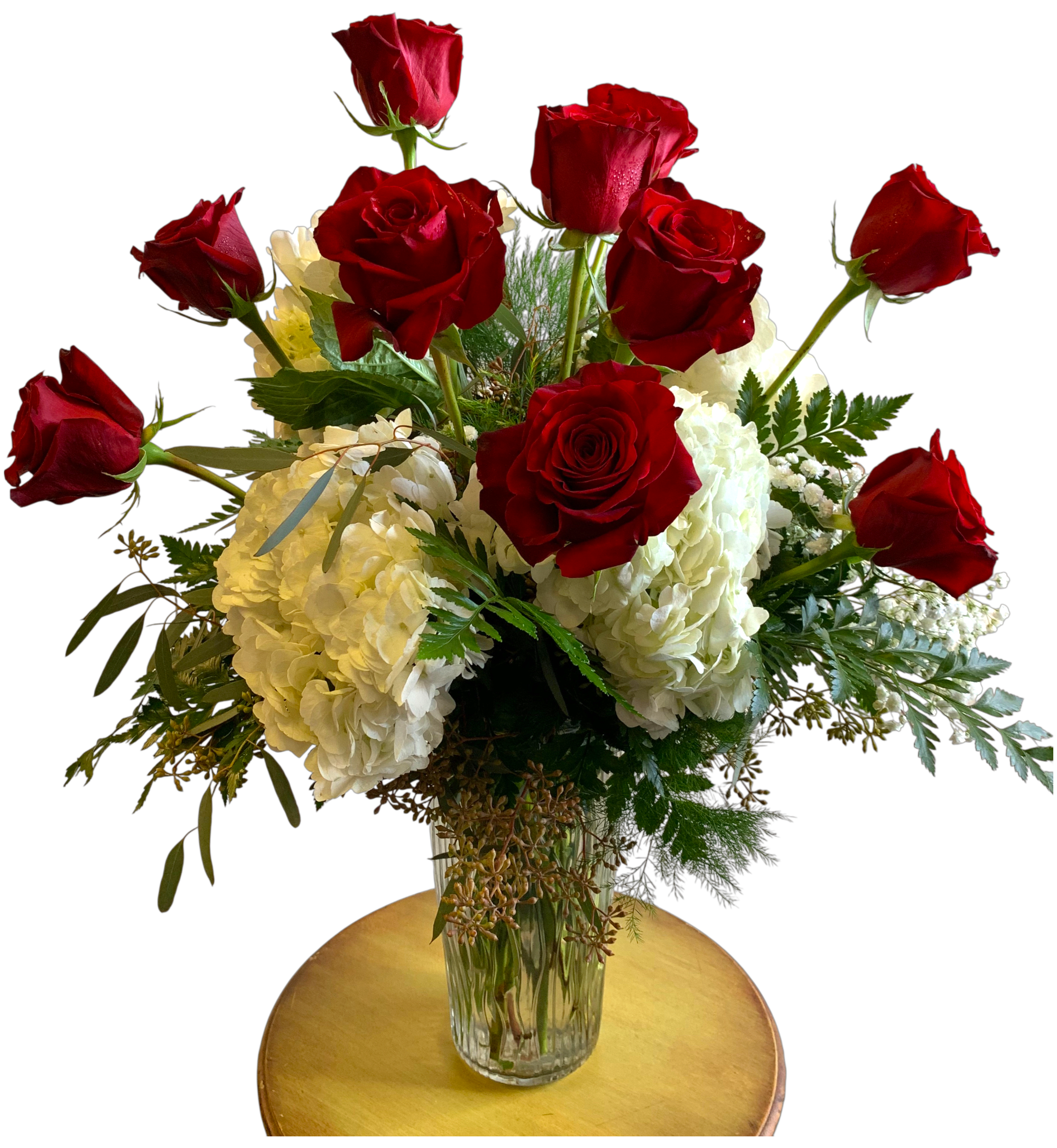 Fire &amp; Ice - White Hydrangeas bring a traditional dozen of Red Roses to the next level! Exquisite beauty.