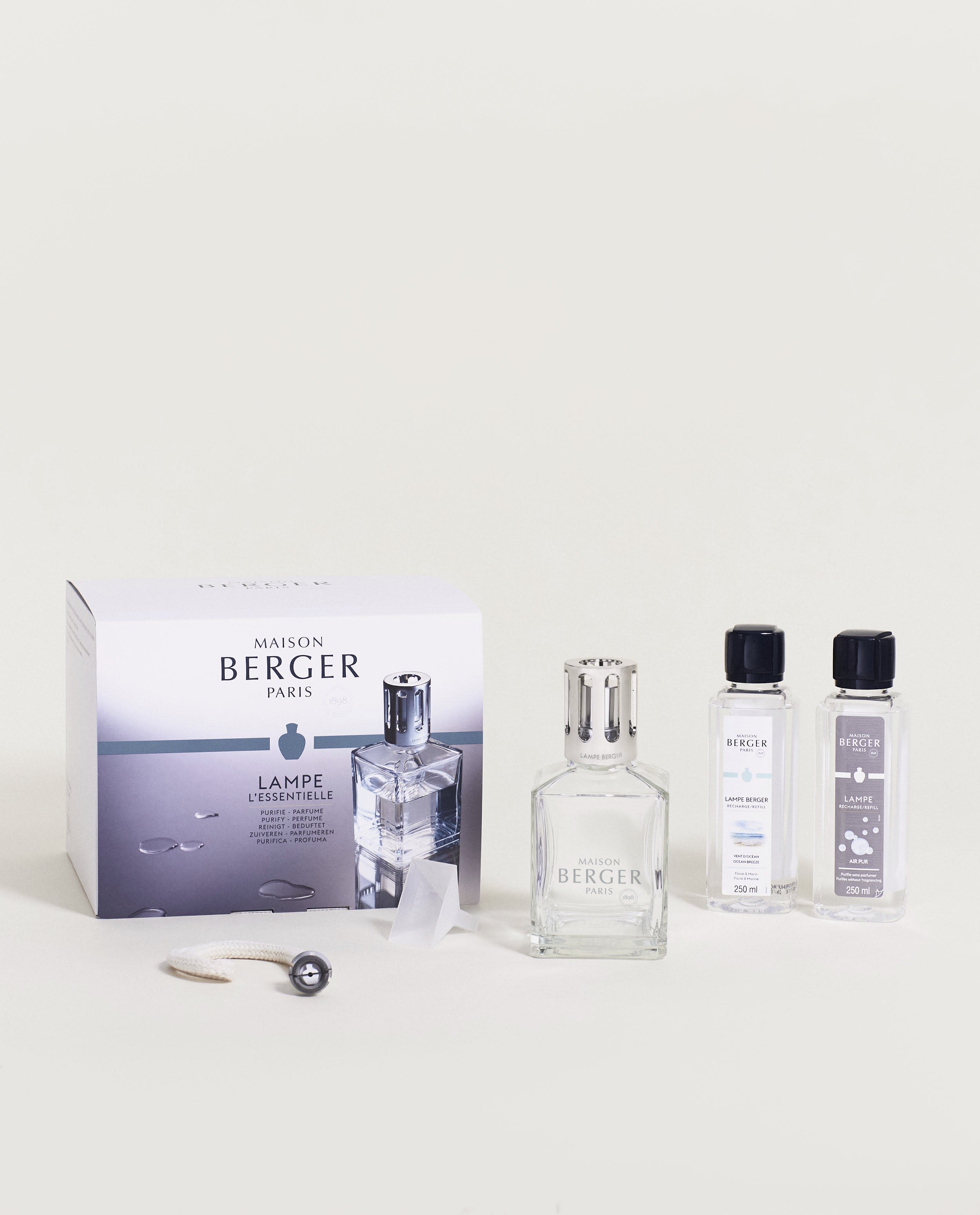 Maison Berger lamp set with glass bottle, box, and fragrance refills