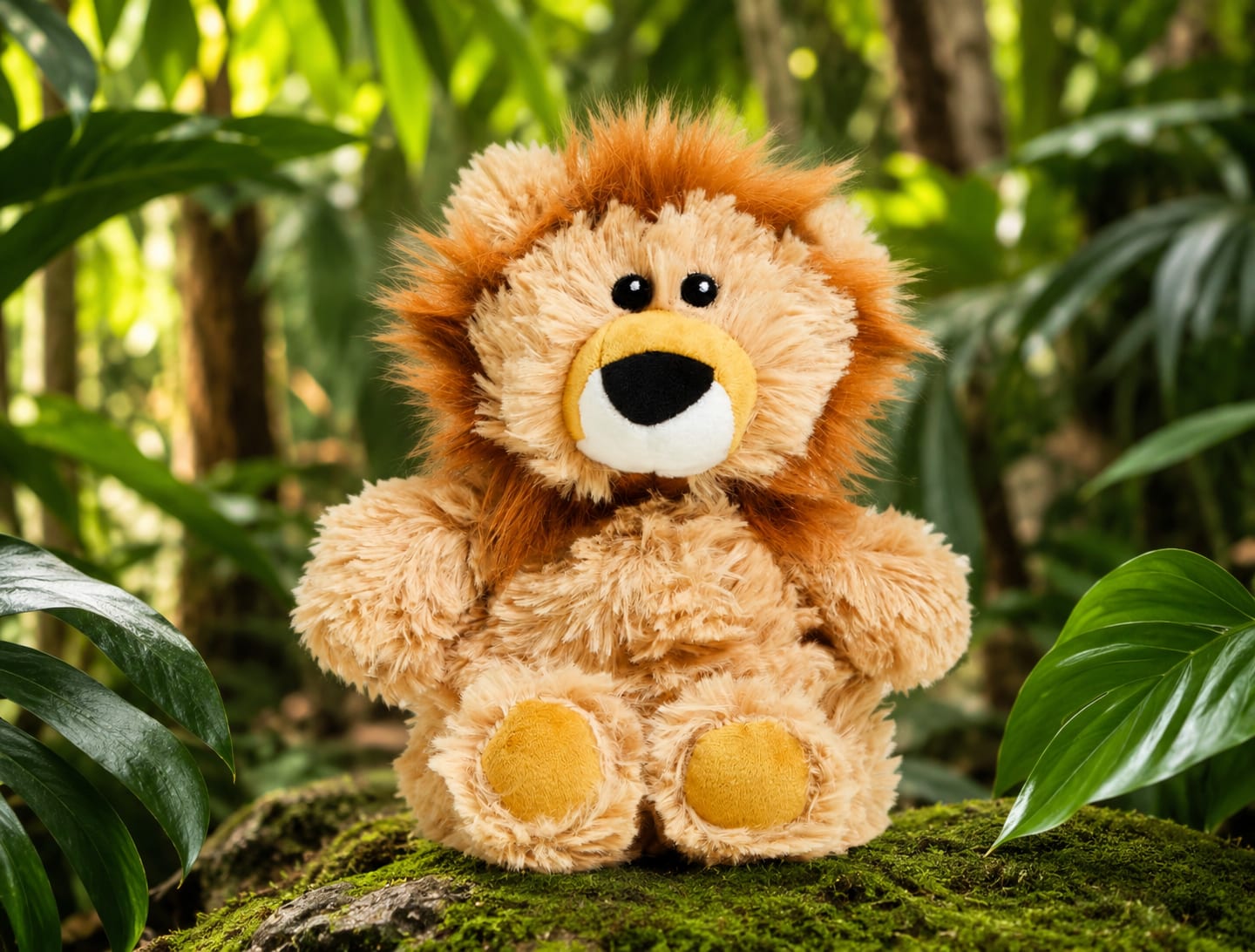 Plush lion sitting on moss with tropical plants in the background