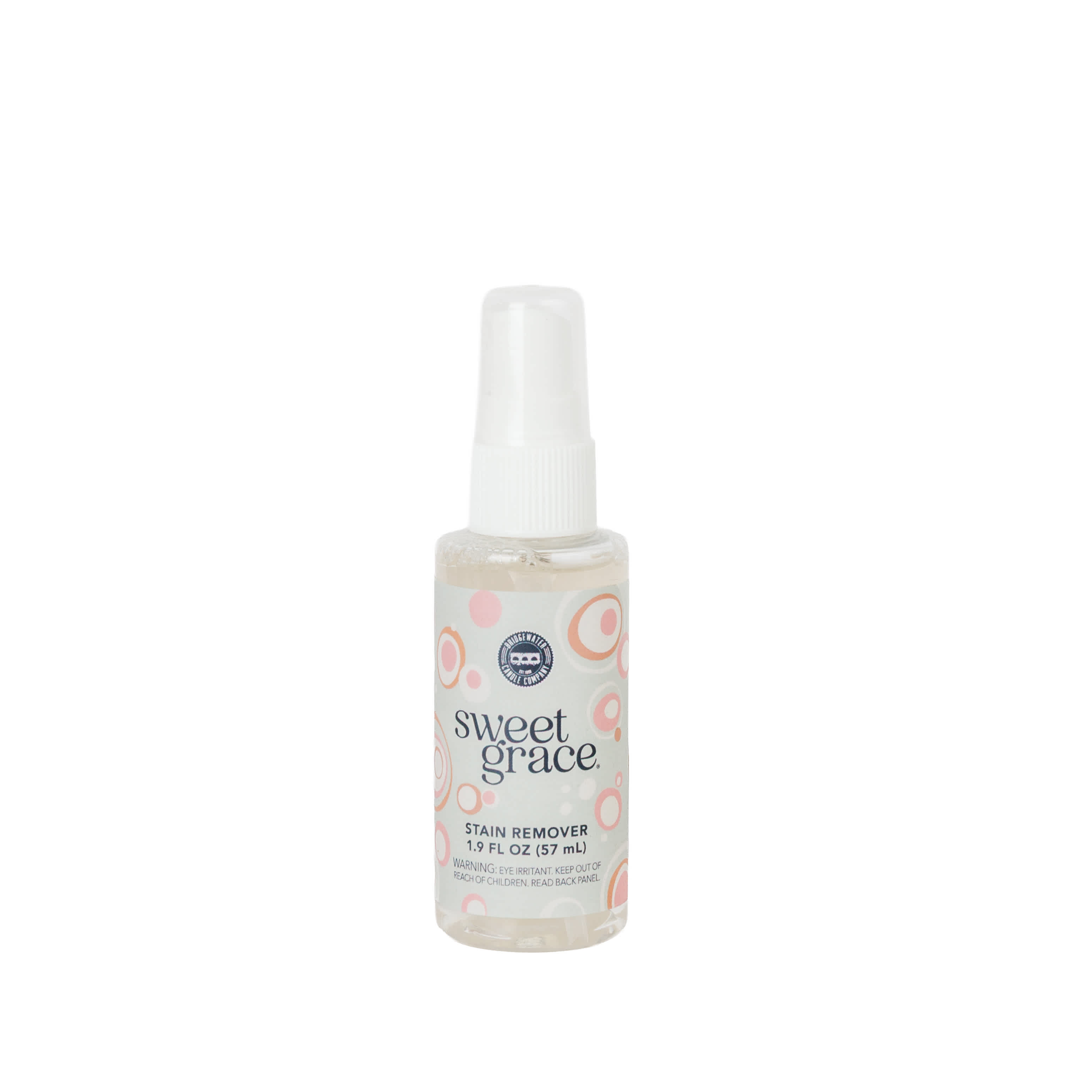 Small spray bottle of Sweet Grace stain remover on a white background
